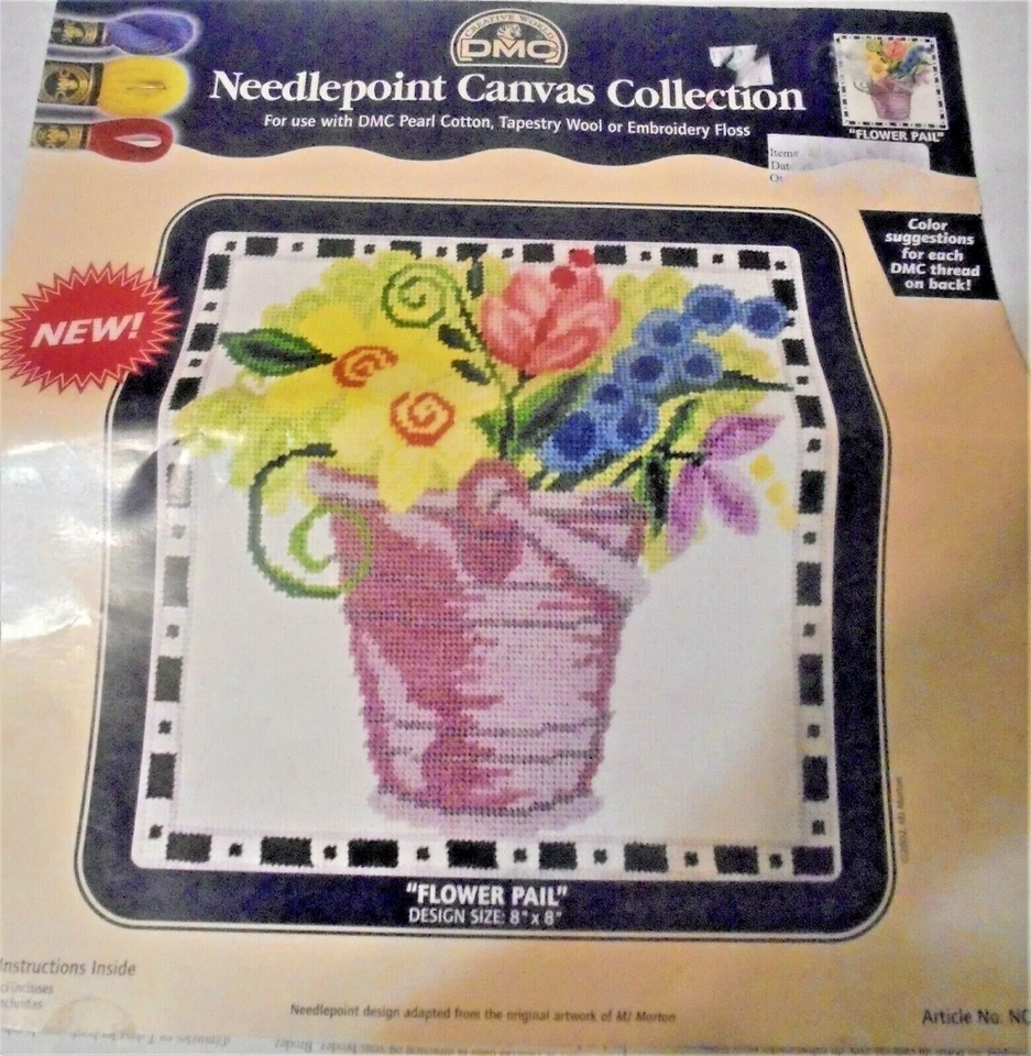 "FLOWER PAIL" Needlepoint Printed Canvas, 8" x 8", DMC Color Selections-NEW - Image 1 of 3