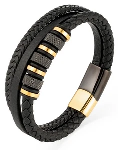 Stacked Black Gold Plated Stainless Steel Mens Bracelet, Handcrafted Multi-La... - Picture 1 of 5