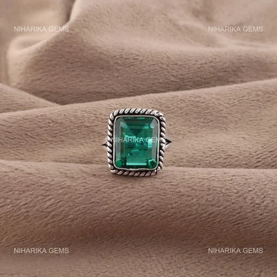 925 Sterlingsilber Rechteckiger Grüner Smaragdstein Solitaire Ehering Schmuck - Bild 1 von 4