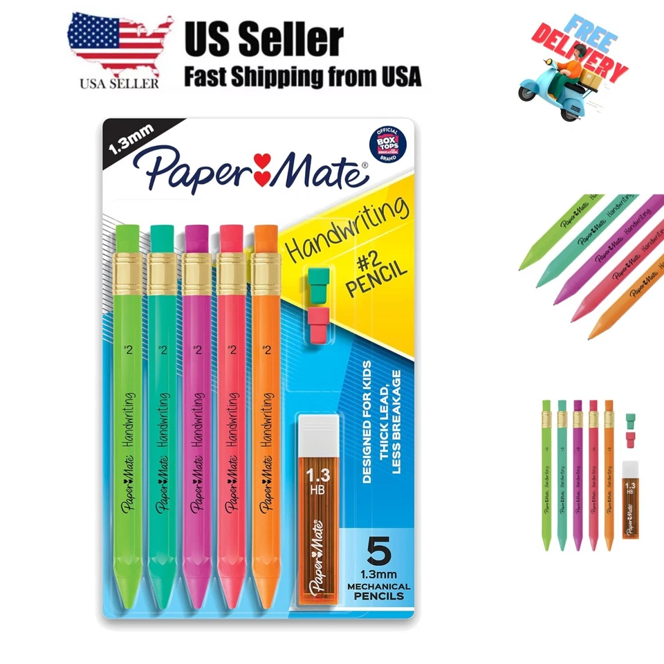 Paper Mate Beginning Handwriting 5 1.3mm Mechanical Pencils 1 Lead Set 2 Erasers