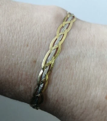Pulseira bicolor de ouro 9 quilates 375 9k tecido trançado Reino Unido Hallmarked 2,45 g  - Imagem 1 de 4