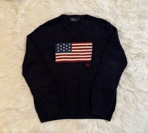 Polo Ralph Lauren American Flag Sweater USA Knit Crewneck Navy Blue Medium - Picture 1 of 6