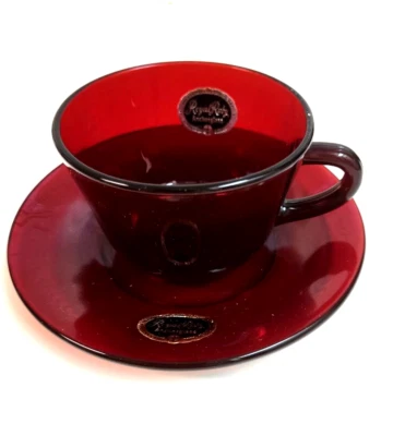 Vintage ROYAL RUBY ANCHOR HOCKING Cup and Saucer with Labels - Image 1 of 4