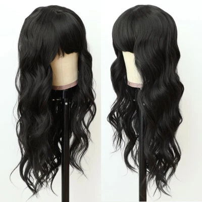 Peluca larga negra natural recta sintética sin encaje flequillo completo resistente al calor Foto 1 de 4