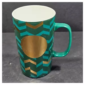 Starbucks Coffee Mug Cup 2014 16 oz Green Gold Chevrons Gold Dot Tea - Picture 1 of 5
