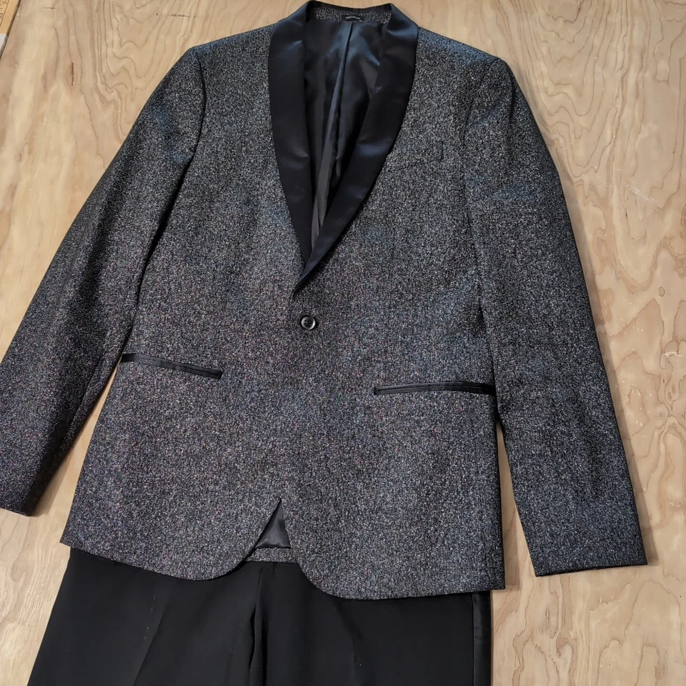J Ferrar Sparkly Tuxedo Suit + Pants Black Silver Slim Glitter See Measurements - Image 1 of 4