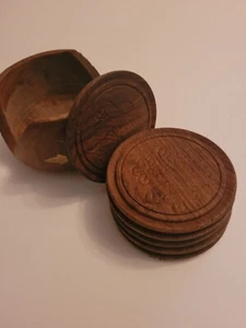 Vintage Hand Carved Wooden Coasters x 6 in Hand Carved Holder - Picture 1 of 6