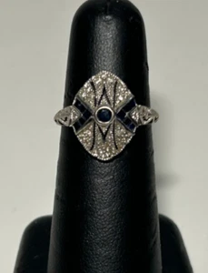 Bague ancienne MA6 art déco or blanc 14 carats filigrane saphir naturel/diamant 2,3 g - Photo 1/10