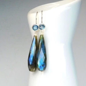Handmade 925 Sterling Silver Teardrop Labradorite, Blue Topaz Drop Earrings - Picture 1 of 4