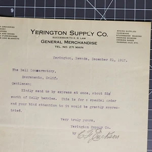 1914 Yerington NV. Supply Co. Store Carta intestata Lettera La Campana Conservatorio - Foto 1 di 3