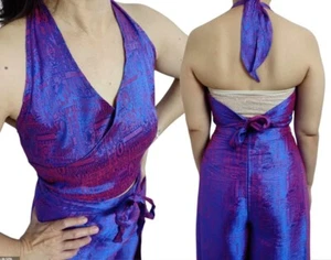Women's 2 Piece Suit Set Purple Thai Silk Halter Neck Top & Fisherman Wrap Pants - Picture 1 of 15