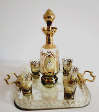 Bohemian Czech Gold Gilt Amber Glass Decanter & 5 Cordials with Handle Tray