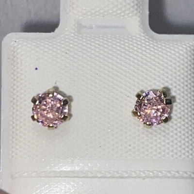 10k Yellow Gold Solid Round Lab Created Pink Stud Earrings. New. For Girls - Image 1 of 4