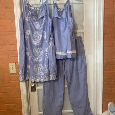 Talbots Haven 蓝色 Chambray 睡衣套装 - 上衣 Xl 裤子 L 晚礼服 Xl 3 件 — 第 1/4 张图片