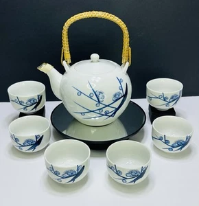 Set da tè 7 pezzi vintage in gres giapponese 1960 blu e bianco - Foto 1 di 20