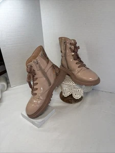DKNY Pink Metallic Logo High Top Sia Combat Boots Side Zippered & Laces Sz 2 - Picture 1 of 11