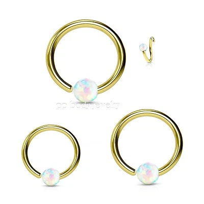 20g 18g 16g 14g Fixed White Opal Ball Gold IP Surgical Steel Captive Bead Ring - Image 1 of 2