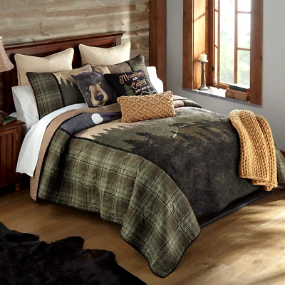 Donna Sharp Mountain Moon Quilted Plaid Queen 4-Piece Set Lodge Cabin Bear Green - Image 1 of 4