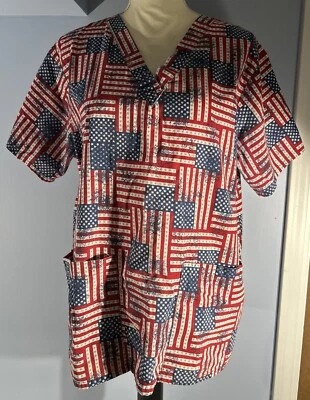 Tafford Womens Red White Blue Flag Scrub Shirt Top Sz Large Patriotic 4th of Jul - Image 1 of 4