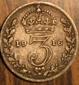 1916 UK GB GREAT BRITAIN SILVER THREEPENCE COIN - Picture 1 of 2