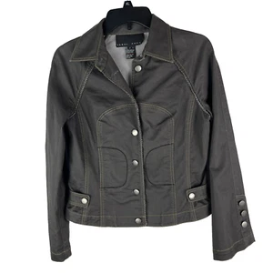 YANSI FUGEL Brown Moto Jacket Women Size 8 Button Chain Edge Strutured Stitched - Picture 1 of 19