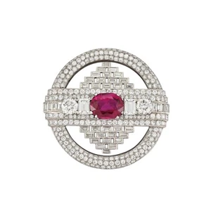 Art Deco Lab Created Ruby Circle Brooch Fine 925 Silver High Statement Jewelry - Picture 1 of 6