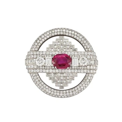 Art Deco Lab Created Ruby Circle Brooch Fine 925 Silver High Statement Jewelry - Image 1 of 4