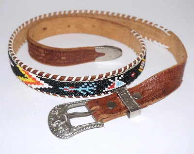 Women's 70's Vintage Tan Leather & Southwestern Beaded Western Belt 29" - 34" - Image 1 of 4