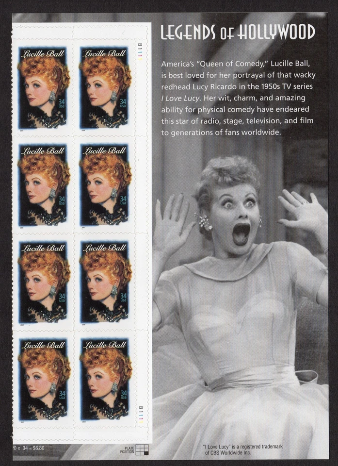 Scott #3523 Lucille Ball Title Plate Block of 8 Stamps - MNH - Image 1 of 1