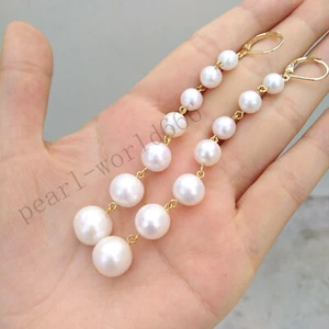AAA 5-10mm Natural South Sea White Round Seven beads Pearl Earrings 14k Gold P - Picture 1 of 5