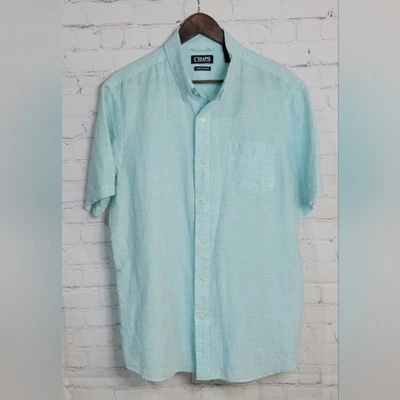 Chaps Men's Teal Blue Button Down size Lg Linen Blend Collared Short Sleeves - Image 1 of 4