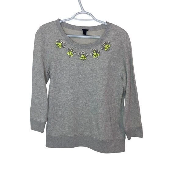 Moletom J.Crew cinza algodão amarelo neon com decote de joias enfeite pequeno - Imagem 1 de 4