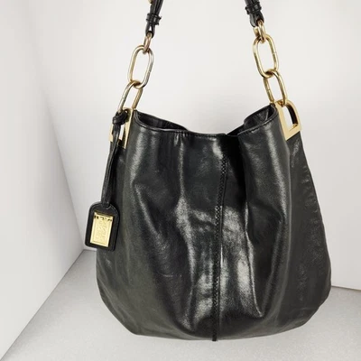 GAIA Badgley Mischka Black Pebbled Leather Gold Chain Slim Hobo Shoulder Bag - Image 1 of 4