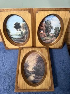 Vintage 9x7,5" Gerahmte Intarsien Holz Italienische Drucke X3. Ovale dicke Glasscheiben. - Bild 1 von 16