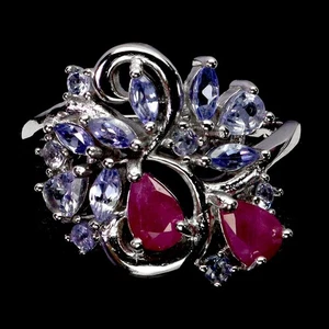 925 Sterling Silver Ring Pear Ruby 6x4mm Tanzanite Gemstone Jewelry Size 8 - Picture 1 of 14