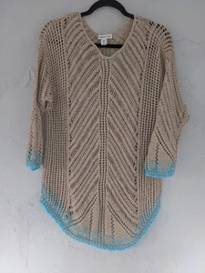 Coldwater Creek Sweater Women 2XL Tan Blue Macrame Beach Boho Festival Open Knit - Picture 1 of 9