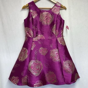 Place Sleeveless Jacquard Fit & Flare Dress Girls 16 Magenta Metallic Floral New - Picture 1 of 15