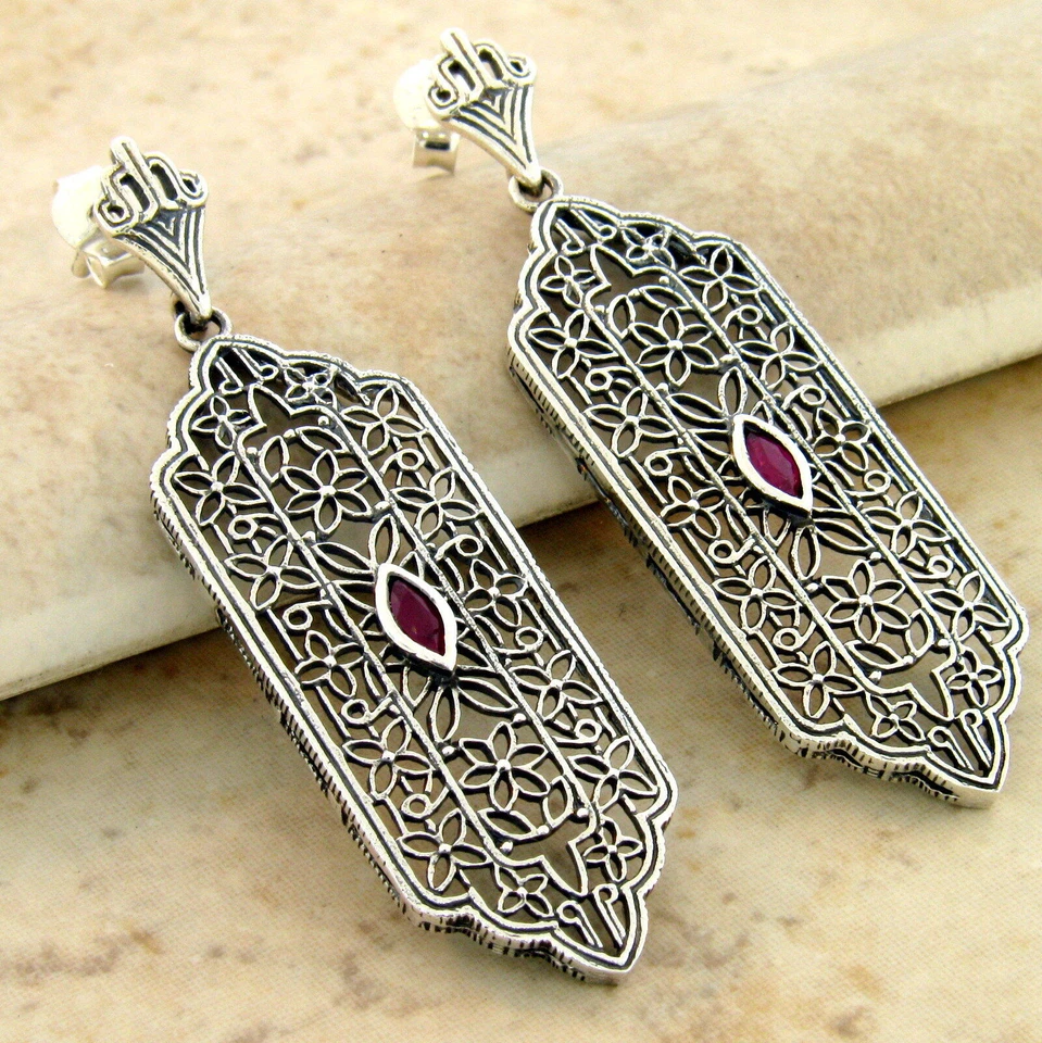 PENDIENTES FILIGRANA ESTILO ART DECO PLATA ESTERLINA 925 RUBÍ GENUINO 978X Foto 1 de 1