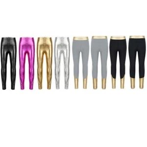 Girl Metallic Stretch Leggings Long Pants Trousers Hip-Hop Jazz Modern Dancewear - Picture 1 of 24