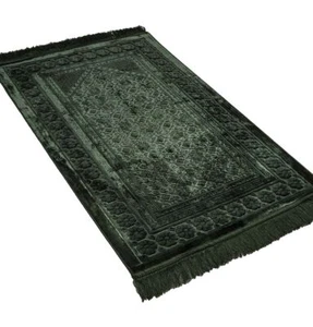 Modefa Velvet Islamic Prayer Rug Sajadah Floral Stamp Luxury Plush Dark Green - Picture 1 of 4