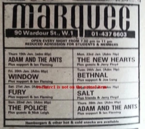 ADAM & ANTS UK TIMELINE Advert - Marquee 26-Jan-1978 4x3 inches - Imagen 1 de 1