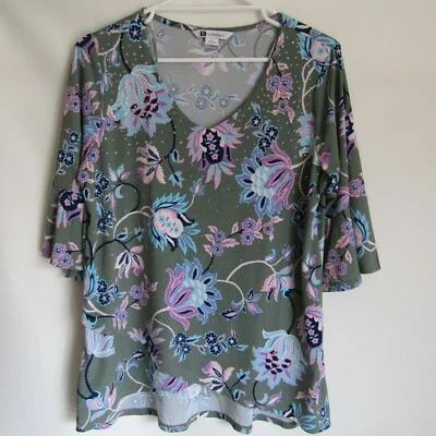 Rockmans M Floral Print Olive Green Wrap Front Top 3/4 Bell Sleeves - image 1 of 4