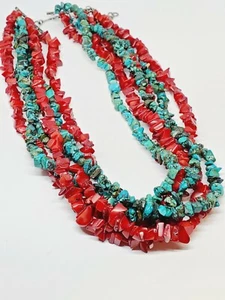 UTC 925 Sterling Silver Clasped 6 Strand 221gr Turquoise Coral Nugget Necklace - Picture 1 of 12