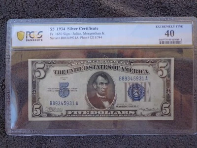 1934 $5 SILVER CERTIFICATE NOTE CURRENCY FR.1650 PCGS Extremely Fine 40 - Image 1 of 2