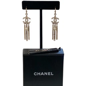 Chanel Pearl Drop Hoop Dangle Earrings 10A - Picture 1 of 5