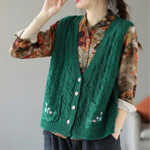 Ladies Sleeveless Knit Vest Hollow-out Tank Cardigan Gilet Embroidered Sweater - Picture 1 of 14