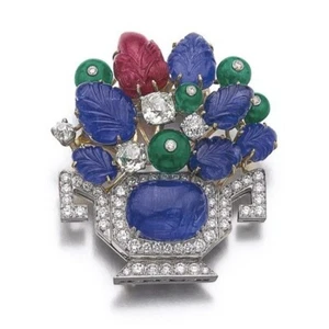 French Art Deco Carved Sapphire Emerald and Ruby Unisex Brooch Pin 925 Silver - Picture 1 of 3