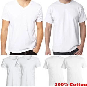 Mens 100% Cotton Thick Casual T-Shirt White Short Sleeve Tee Crew Neck V-Neck - Picture 1 of 8
