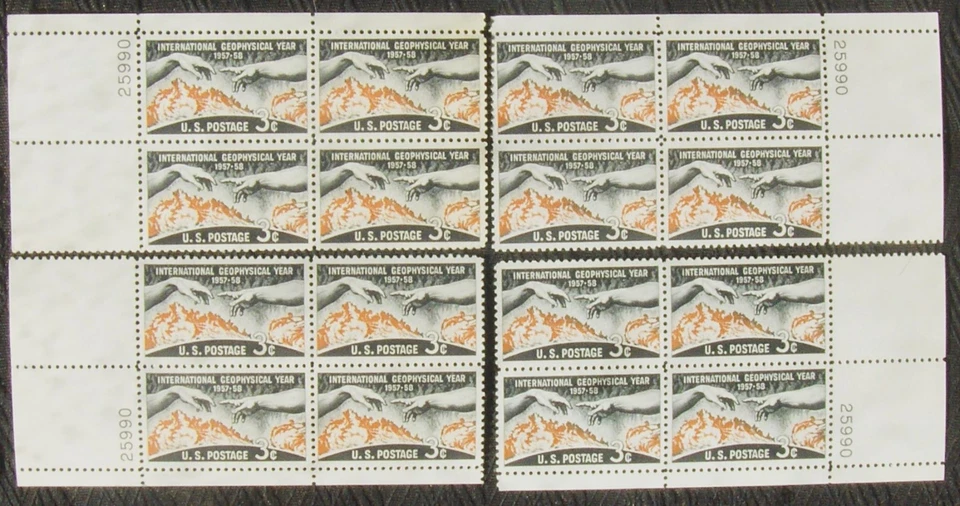 US 3¢ stamp SC #1107 International Geophysical Year MNH 4 matching plate blocks - Image 1 of 1