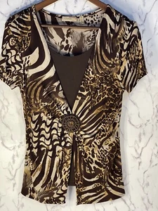 Y2K Choices Women’s Brown Animal Print Beaded Center Blouse Size Petite Small - Picture 1 of 6